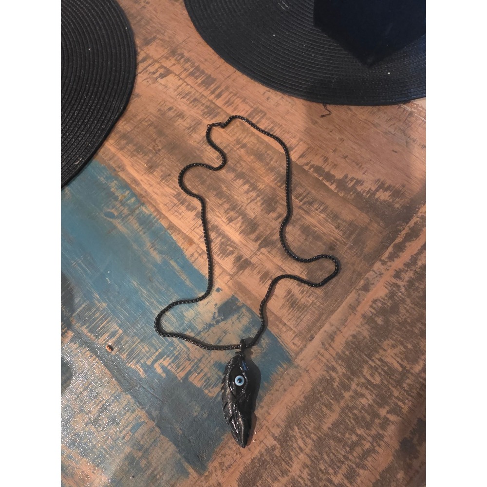 Black Feather Evil Eye Pendant Necklace Gothic Boho Bead Chain Jewelry